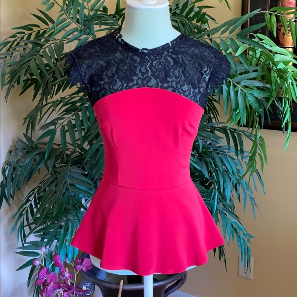 Red Peplum Blouse w/ Lace Shoulder & Neckline